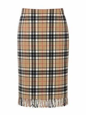 Scottish Vintage plaid tan black red fringe hem wool midi skirt Fits Size 6